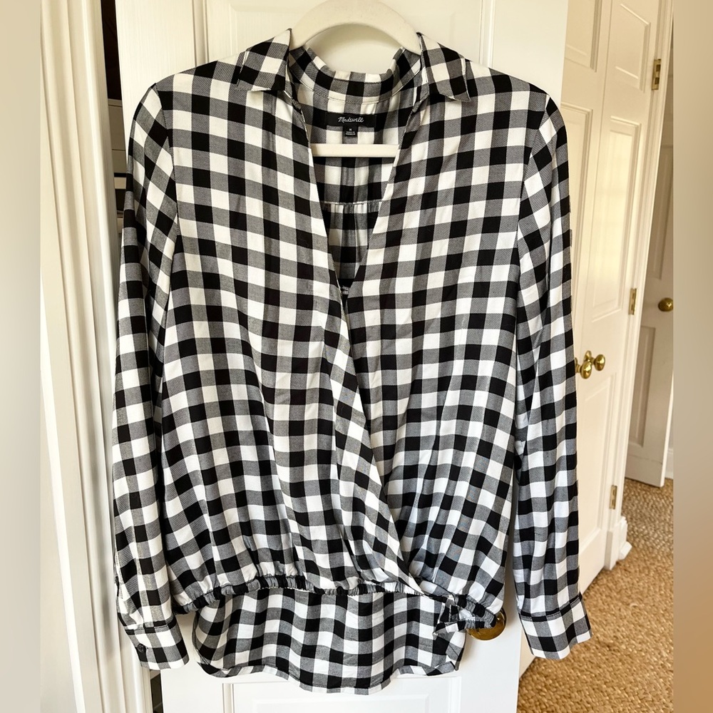Black and white Madewell top with gathered waist